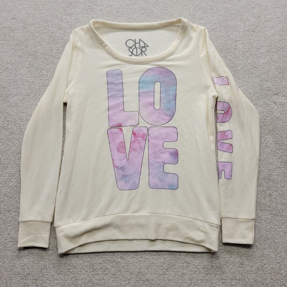 Chaser Womens Small LOVE Graphic Sweatshirt Cream Pink Long Sleeve Pullover